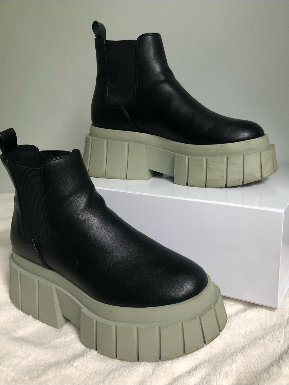 Call it Spring Retro Black Vegan Leather Chunky Platform Chelsea Ankle Boots